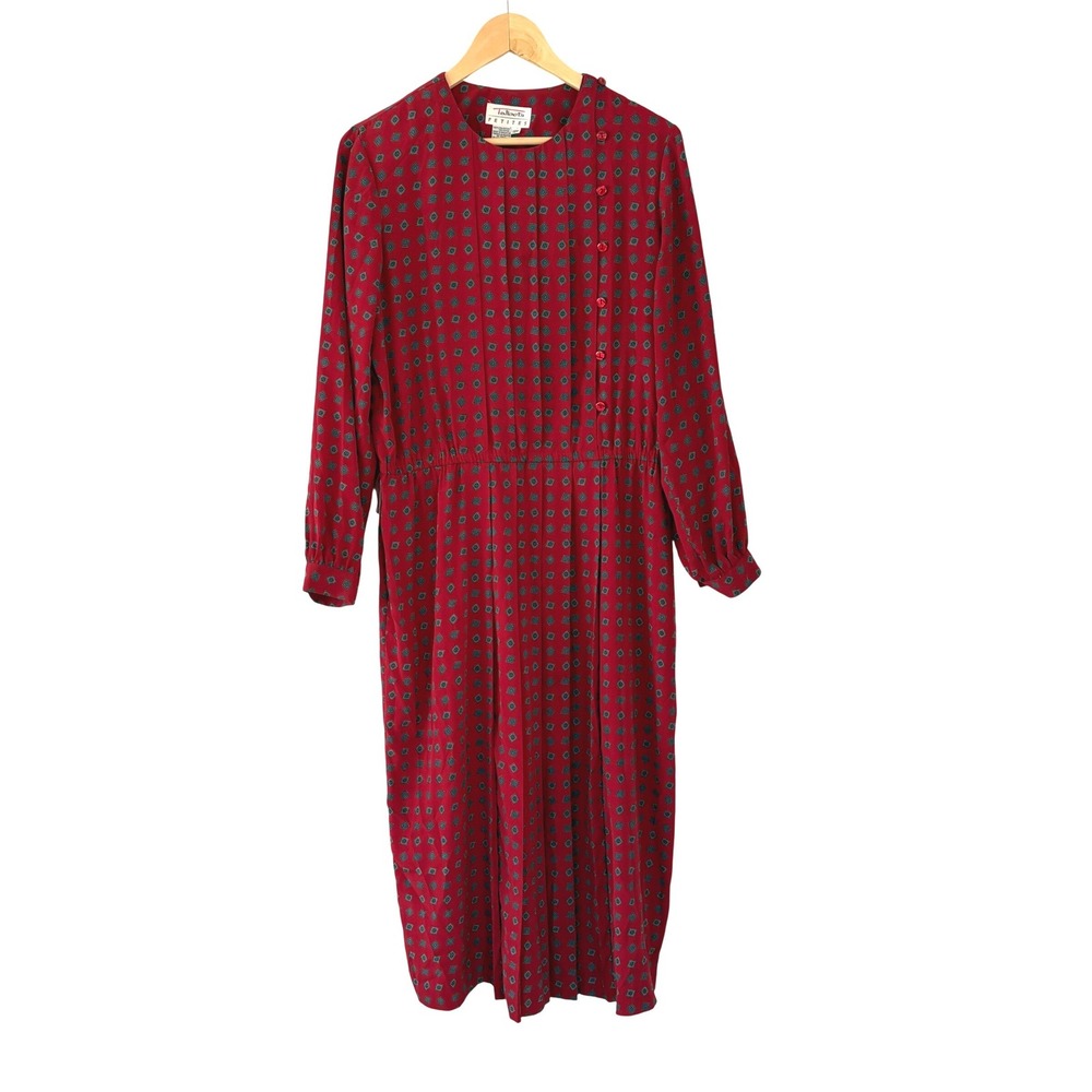 Talbots Petites Vintage Red Geometric Diamond Print Midi Dress Long Sleeve 12P